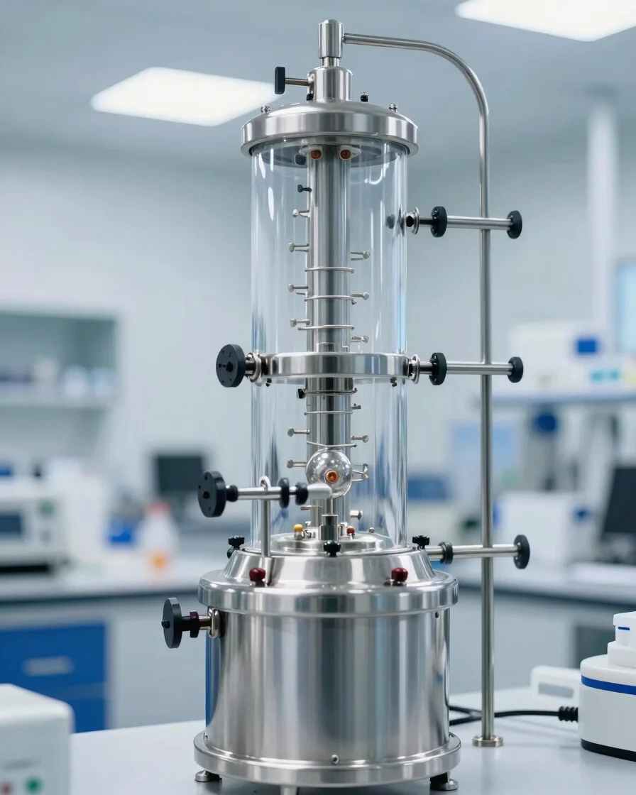 Clean industrial photography of stainless steel distillation equipment in a bright, modern laboratory setting, cool blue