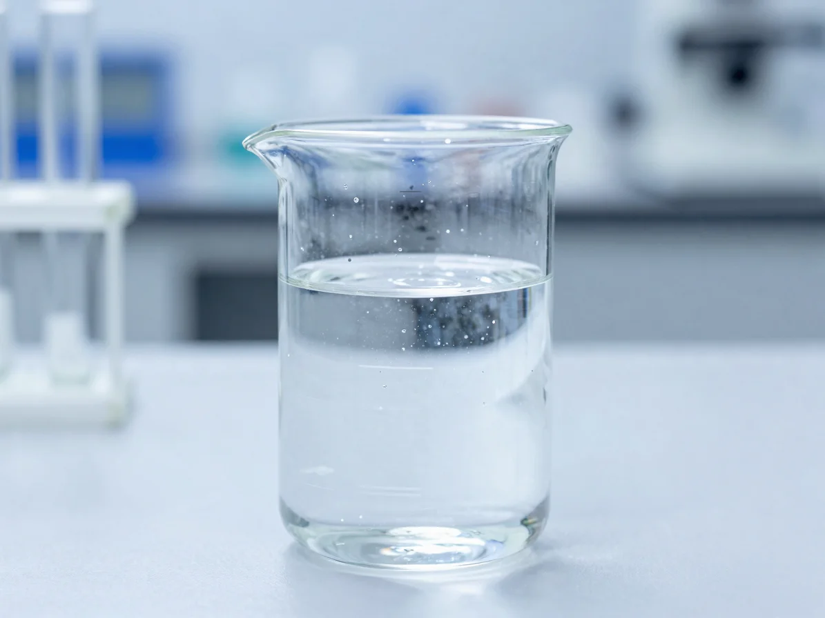 Macro shot of ultra-pure distilled water in a laboratory beaker,