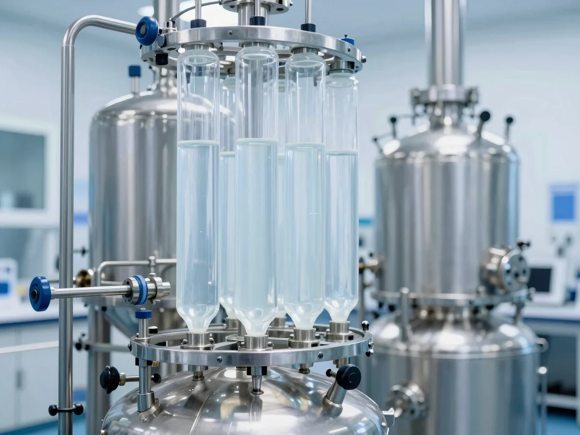 Clean industrial photography of stainless steel chemical processi